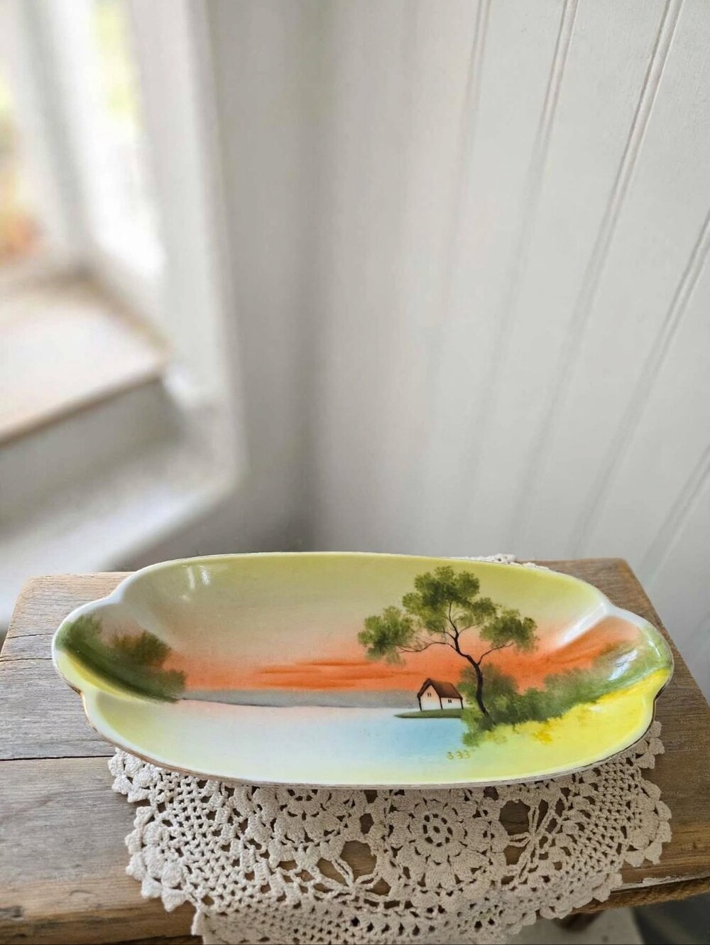 Vintage Noritake Hand Painted Landscape Relish Dish M Wreath